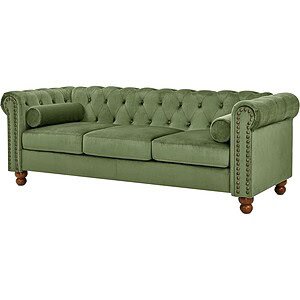Tufted Velvet Sofa Couch for Living Room, Rolled Arm 3-Seater Sofa Couch with Nailhead Trim and 2 Neck Roll Pillows, Small Apartment Chesterfield Sofa Green