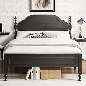 Wood Queen Size Bed Frame with Wooden Headboard and Footboard, Heavy Duty 12 Solid Wood Slats Support, Rubber Wood Platform Bed Frame with Large Under Bed Storage, No Box Spring Needed, Rustic Black