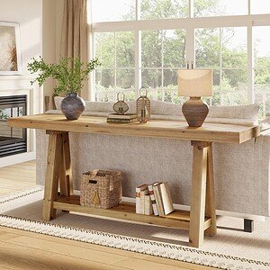 70.9-Inch Solid Wood Console Table for Entryway, Farmhouse Long Sofa Table with Shelves for Living Room, Hallway, Foyer