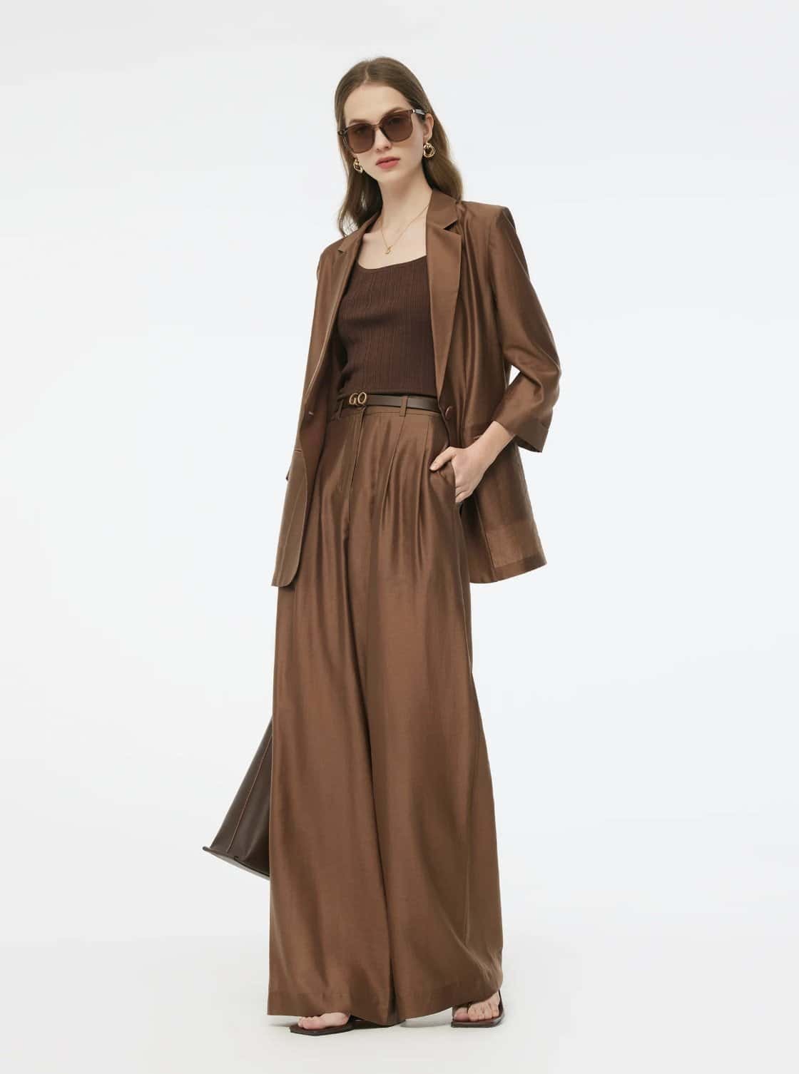 Tencel Blend Women Wide Leg Pants With GO Letter Leather Belt