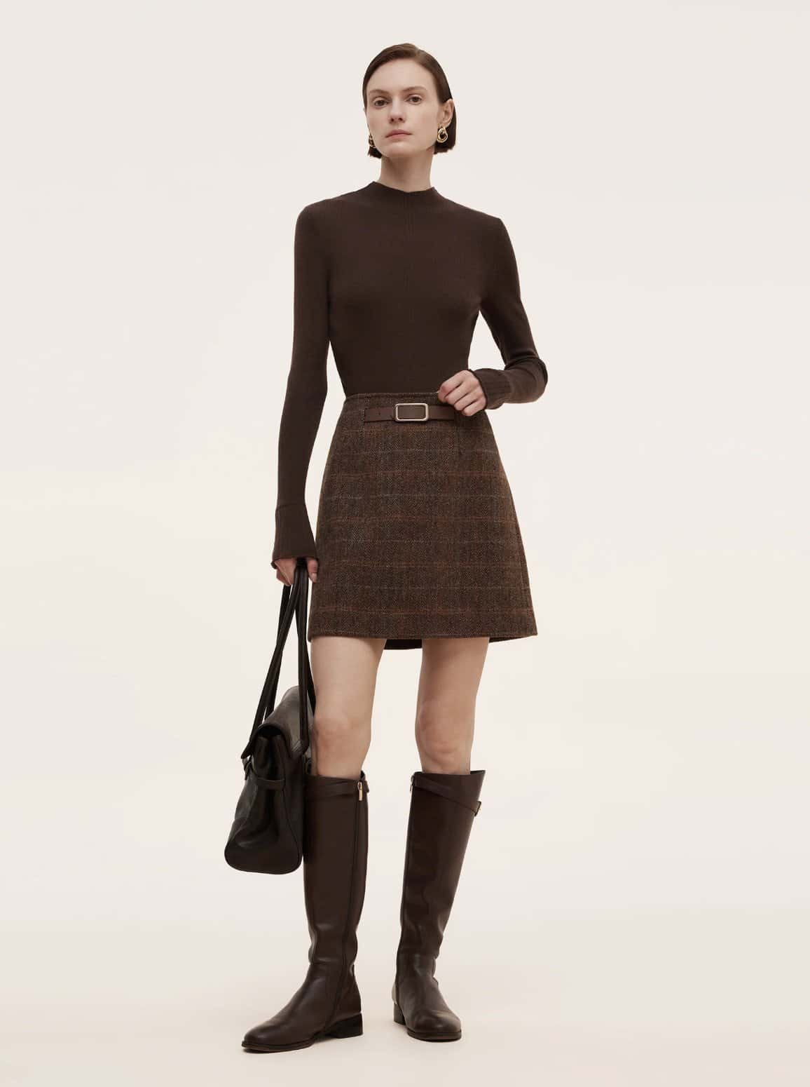 100% Wool Plaid Women Skirt With Leather Belt - Image 4